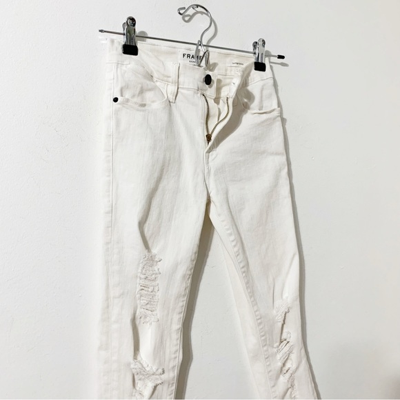 Frame Denim Blanc Jefferson Le High Skinny Distress White 🤍 Denim Jeans Holes - Picture 3 of 13